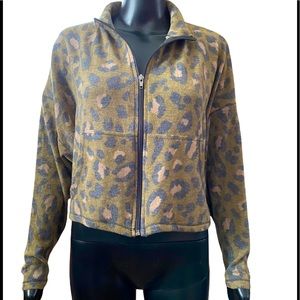 Gaze Green Leopard Print Full Zip Crop Sweater, Size Large